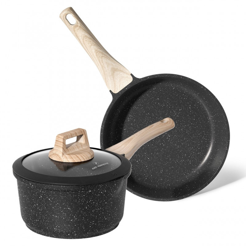 Комплект тиган и касерола Just Perfecto JL-43, 2 ч, Мраморно покритие, Без PFOA и PFAS, Стъклен капак, Индукция, Черен