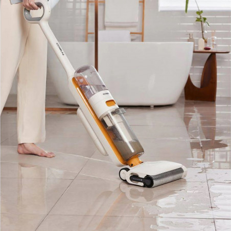 Вертикална прахосмукачка Tineco iFloor Y2 Plus, 6500 Pa, Wi-Fi, 0.8 л мръсна/1 л чиста, LED, Самопочистване, 70м2, Индикатори, Бял/оранжев