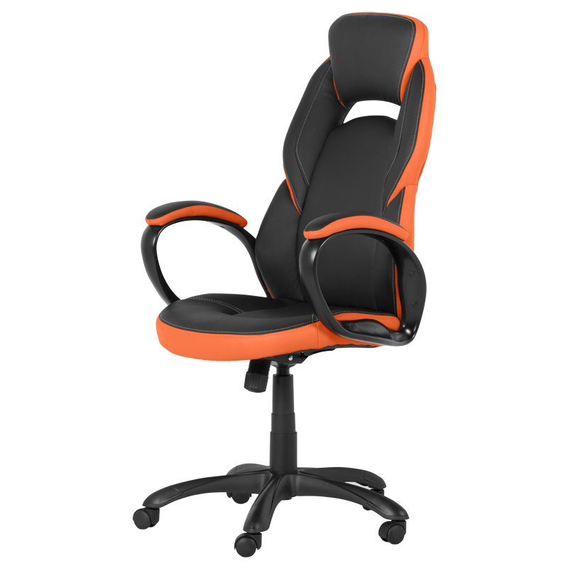Геймърски стол Carmen 7511, До 130 кг, Еко кожа, Регулиране на люлеенето, Полипропиленови колелца, Черен/оранжев
