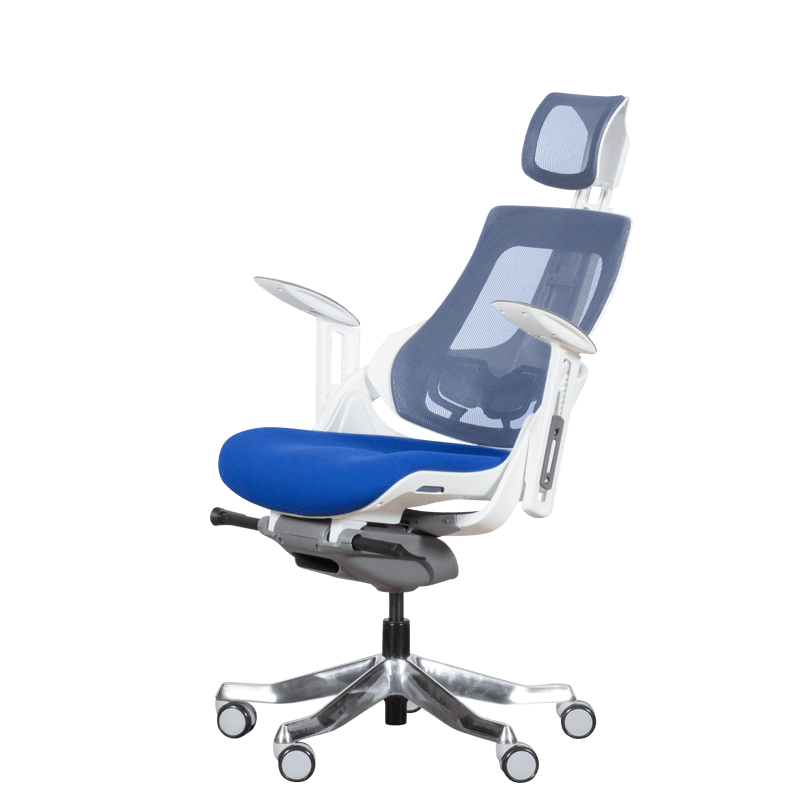 Ергономичен стол AMBRA, До 130 кг, Дишаща мрежа, Негорима дамаска, Заключваща в различни позиции облегалка, Плавно регулиране, Кралско син