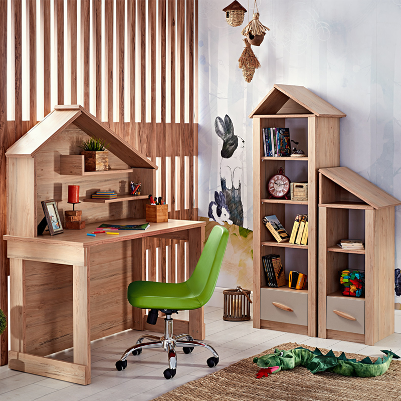 Детско бюро Carmen MY HOUSE, 120х149х60 см, 2 рафта, USB + Type C, Кафяв/натурален