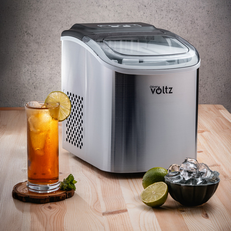 Ледогенератор Oliver Voltz OV51447CS, 120W, 12кг/24 часа, 1.3 л, 9 кубчета за цикъл работа, Индикатор за лед и вода, Инокс