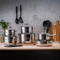 Комплект тенджери и тигани Oliver Voltz OV51210R20B, 20 части, Многослойно дъно, Индукция, Неръждаема стомана, Аксесоари, Сребрист
