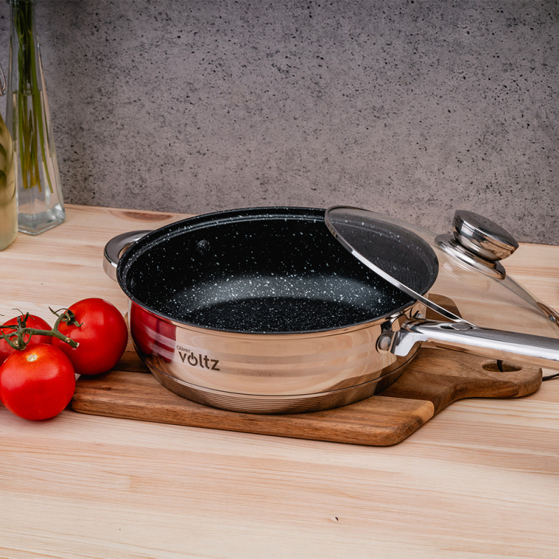 Комплект тенджери и тигани Oliver Voltz OV51210R20B, 20 части, Многослойно дъно, Индукция, Неръждаема стомана, Аксесоари, Сребрист