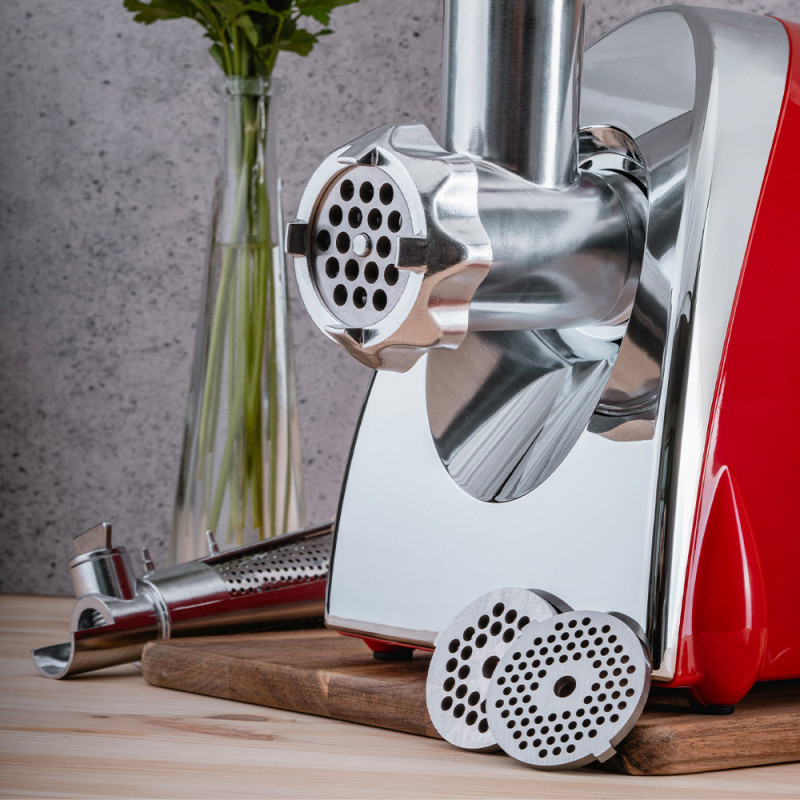 Месомелачка с приставка за домати Oliver Voltz OV51991A, 1400W, Обратен ход, Аксесоари за сосове и Kubbe, Червен