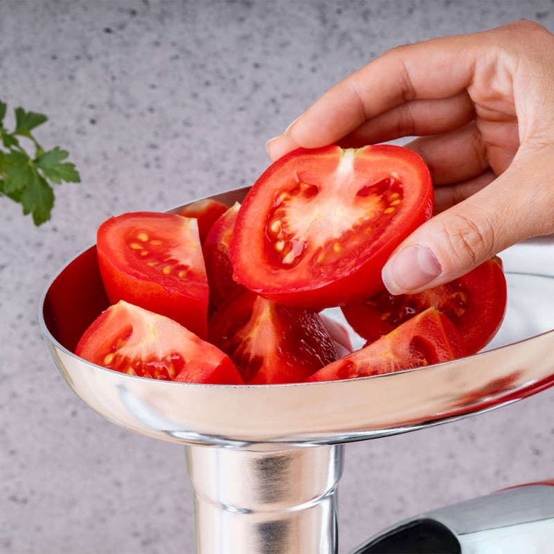 Месомелачка с приставка за домати Oliver Voltz OV51991A, 1400W, Обратен ход, Аксесоари за сосове и Kubbe, Червен