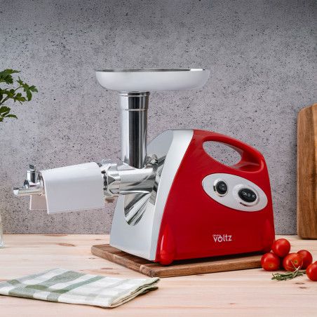 Месомелачка с приставка за домати Oliver Voltz OV51991A, 1400W, Обратен ход, Аксесоари за сосове и Kubbe, Червен