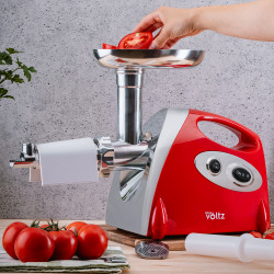 Месомелачка с приставка за домати Oliver Voltz OV51991A, 1400W, Обратен ход, Аксесоари за сосове и Kubbe, Червен