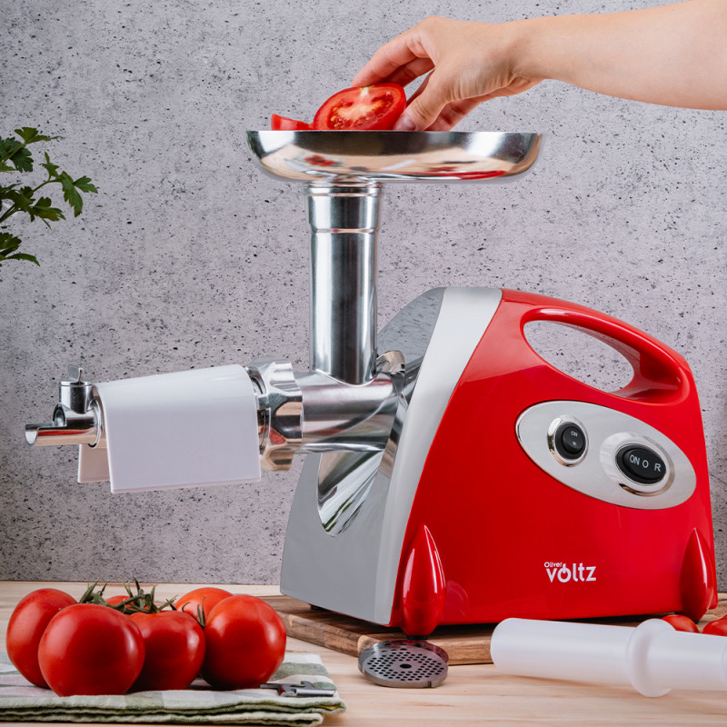 Месомелачка с приставка за домати Oliver Voltz OV51991A, 1400W, Обратен ход, Аксесоари за сосове и Kubbe, Червен