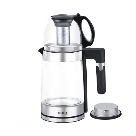 Електрическа кана за турски чай Floria ZLN1757, 1500W, 1.8+1.2 л, Инфузер, Боросиликатно стъкло, Черен