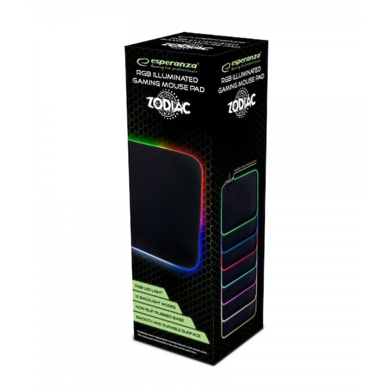 Подложка за мишка Esperanza Zodiac EGP105, 35x25 см, RGB подсветка с 10 цвята, USB 2.0, Черен
