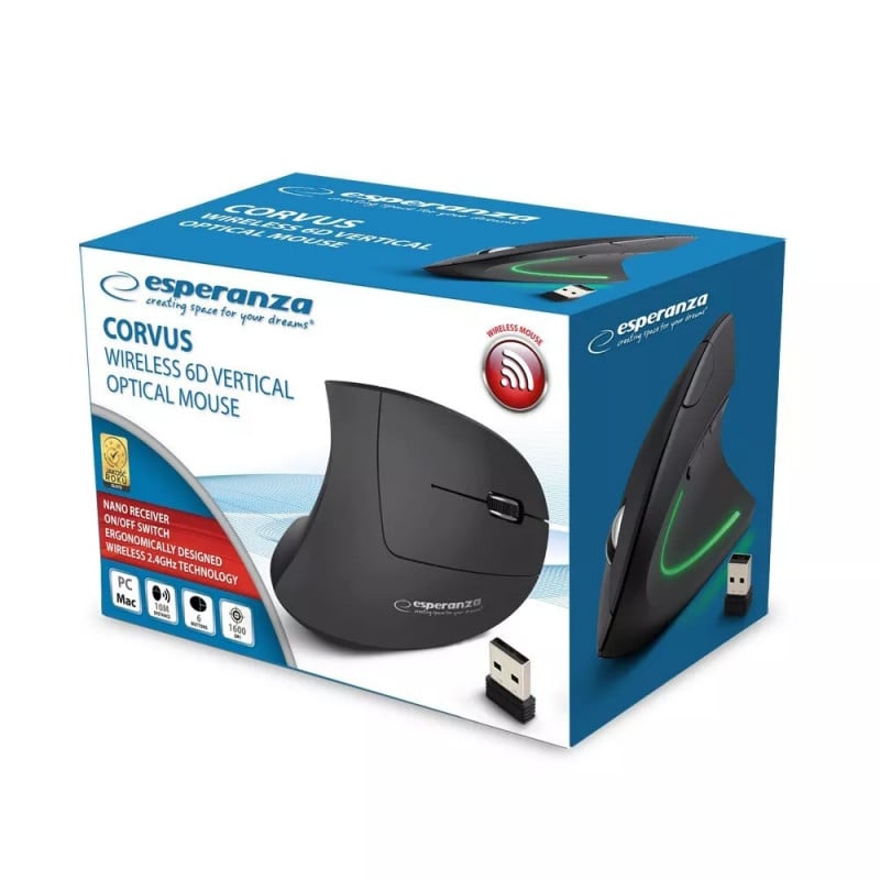 Безжична вертикална мишка Esperanza Corvus EM133, 2.4 GHz, Ергономичен дизайн, 6 бутона, 800/1200/1600 DPI, USB, Черен