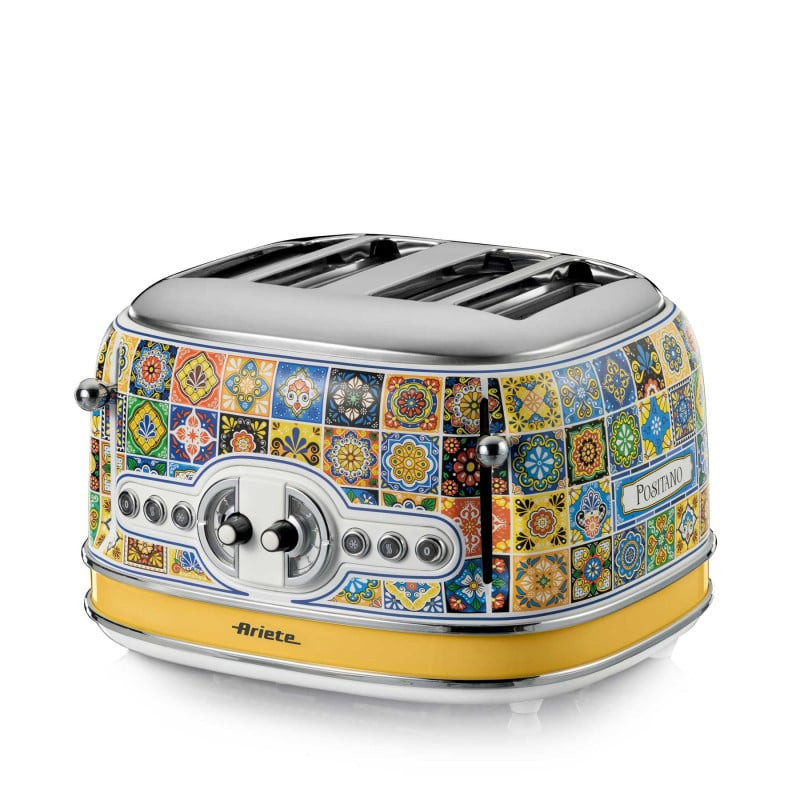 Тостер за хляб Ariete Positano 0156/0P, 1600W, 4 филии, 3 функции, 6 степени, Подвижна тава за трохи, Бял/жълт
