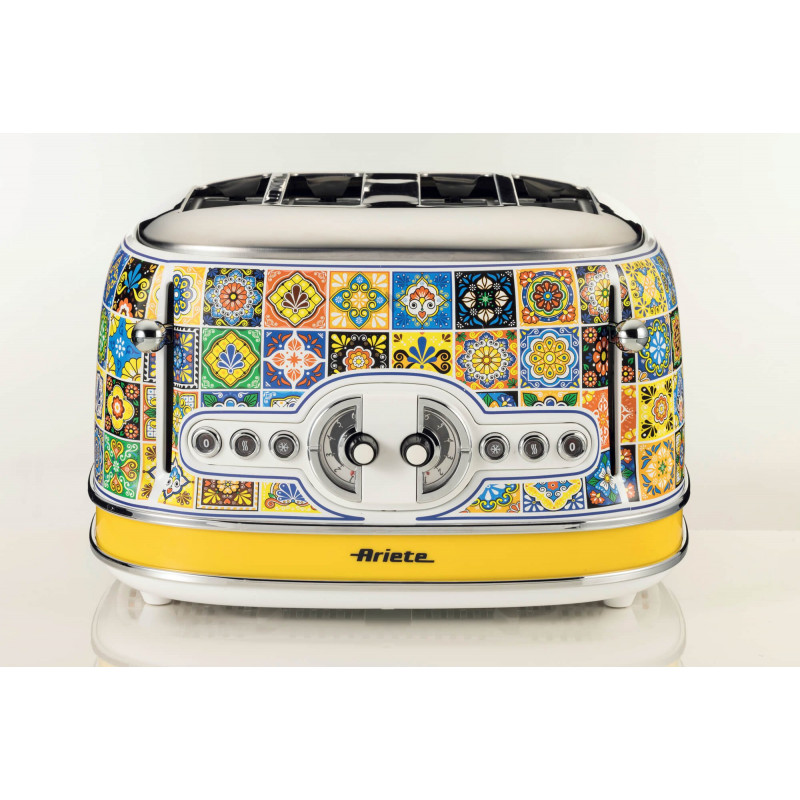 Тостер за хляб Ariete Positano 0156/0P, 1600W, 4 филии, 3 функции, 6 степени, Подвижна тава за трохи, Бял/жълт