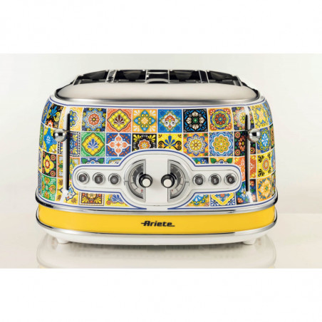 Тостер за хляб Ariete Positano 0156/0P, 1600W, 4 филии, 3 функции, 6 степени, Подвижна тава за трохи, Бял/жълт
