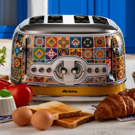 Тостер за хляб Ariete Positano 0156/0P, 1600W, 4 филии, 3 функции, 6 степени, Подвижна тава за трохи, Бял/жълт
