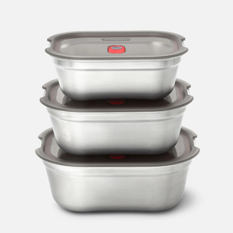 Комплект 3 бр кутии за храна Black+Blum Meal Prep FBSS-BX-PACK1, 0.6/0.9/1.2 l, Правоъгълни, Подходящи за фурна, Без BPA, Неръждаема стомана, Сив