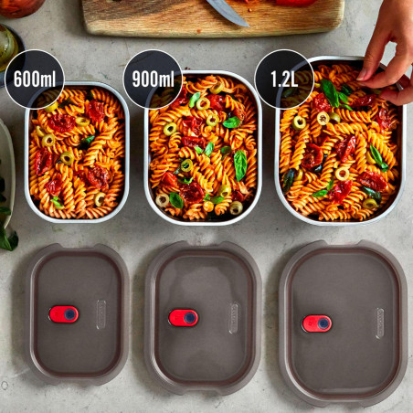 Комплект 3 бр кутии за храна Black+Blum Meal Prep FBSS-BX-PACK1, 0.6/0.9/1.2 l, Правоъгълни, Подходящи за фурна, Без BPA, Неръждаема стомана, Сив
