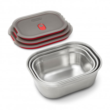 Комплект 3 бр кутии за храна Black+Blum Meal Prep FBSS-BX-PACK1, 0.6/0.9/1.2 l, Правоъгълни, Подходящи за фурна, Без BPA, Неръждаема стомана, Сив