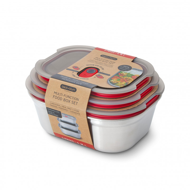 Комплект 3 бр кутии за храна Black+Blum Meal Prep FBSS-BX-PACK1, 0.6/0.9/1.2 l, Правоъгълни, Подходящи за фурна, Без BPA, Неръждаема стомана, Сив