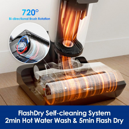 Вертикална прахосмукачка Tineco Floor One S6 Flashdry Pet FW144000DE, 220W, 0.7 л мръсна/0.8 л чиста/0.8 л прах, Автономия 35 мин, iLoop сензор, Технология MHCBS, 130 м2, Черен