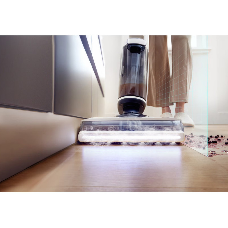 Вертикална прахосмукачка Tineco Floor One S7 Steam Plus 4В1, 240W, Сухо/Мокро, 0.7 л мръсна/0.8 л чиста, LED екран и осветление, Пара + сушене, Бял/черен
