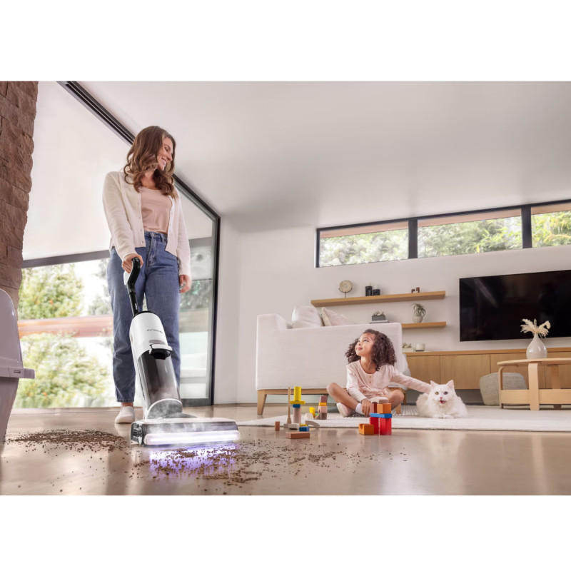 Вертикална прахосмукачка Tineco Floor One S7 Steam Plus 4В1, 240W, Сухо/Мокро, 0.7 л мръсна/0.8 л чиста, LED екран и осветление, Пара + сушене, Бял/черен