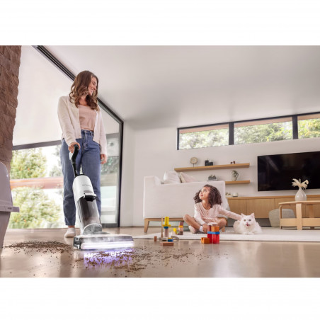Вертикална прахосмукачка Tineco Floor One S7 Steam Plus 4В1, 240W, Сухо/Мокро, 0.7 л мръсна/0.8 л чиста, LED екран и осветление, Пара + сушене, Бял/черен