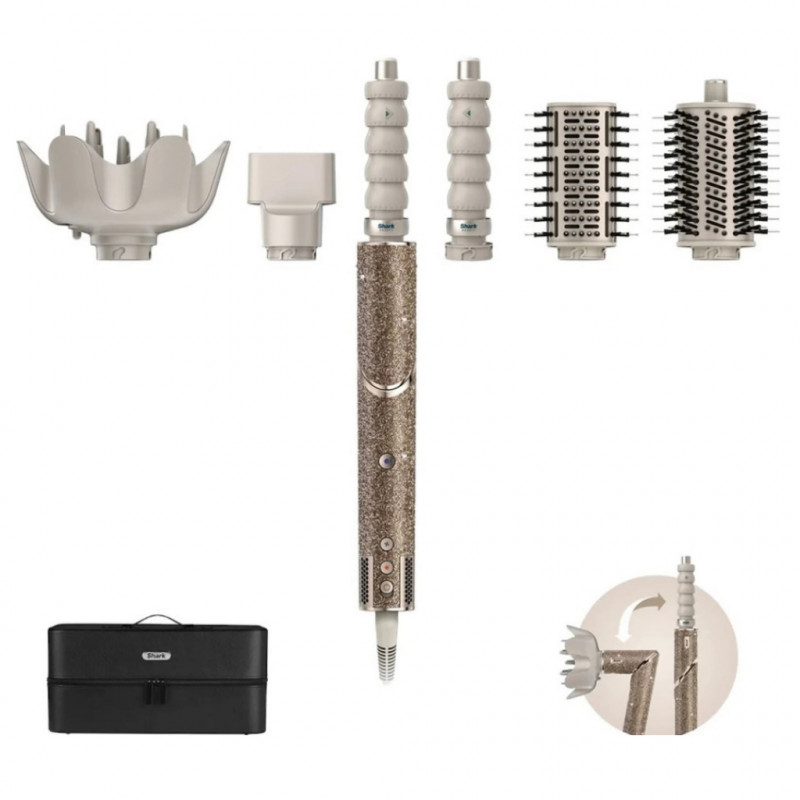 Многофункционална маша 5в1 Shark HD446JSEU FlexStyle, 1650W, 3 скорости, 3 темп настройки, Автоматично увиване и фиксиране на къдрици Coanda, Сушене, Изправяне, Шампанско/диамант