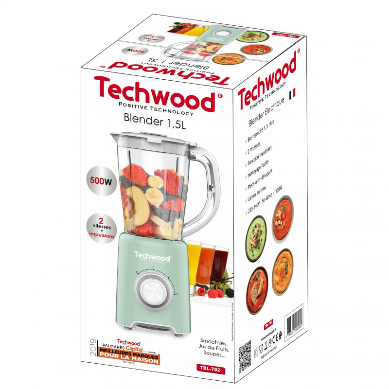 Блендер Techwood TBL-782, 500W, 1.5 л, 2 скорости + импулси, Стоманени ножове, Светлозелен
