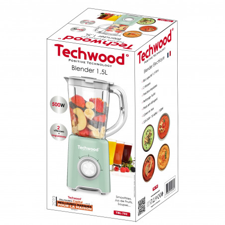 Блендер Techwood TBL-782, 500W, 1.5 л, 2 скорости + импулси, Стоманени ножове, Светлозелен