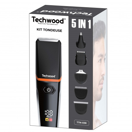 Тример 5в1 Techwood TTN-038, Автономия до 90 мин, 6 приставки, 5 глави, LED дисплей, USB-Type C, Черен