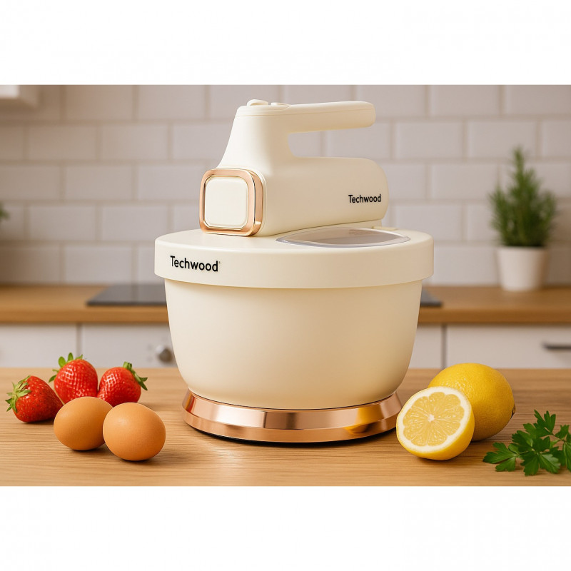 Миксер с купа Techwood TMB-340, 500W, 6 скорости, 2x 3.5 л, Капак против пръски, Бял/Шампанско