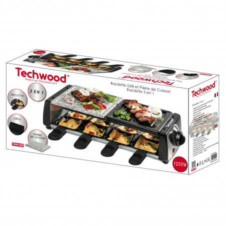 Раклет и грил Techwood TRGP-896, 1200W, Термостат, 8 мини раклета, Двойна защита, Черен