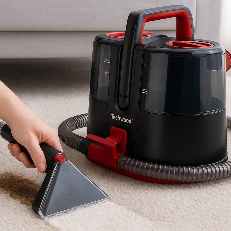 Прахосмукачка за пране на килими и тапицерия Techwood TAN-6055, 600W, Резервоар за чиста и отпадъчна вода, Черен/червен