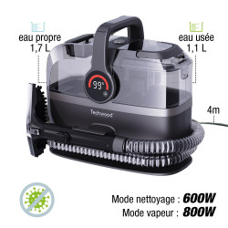 Мултифункционален почистващ уред с пара и вакуум Techwood TAN-7066V, 600/800W, Резервоар за чиста и отпадъчна вода, 3 режима, Дигитален дисплей, Тъмносив