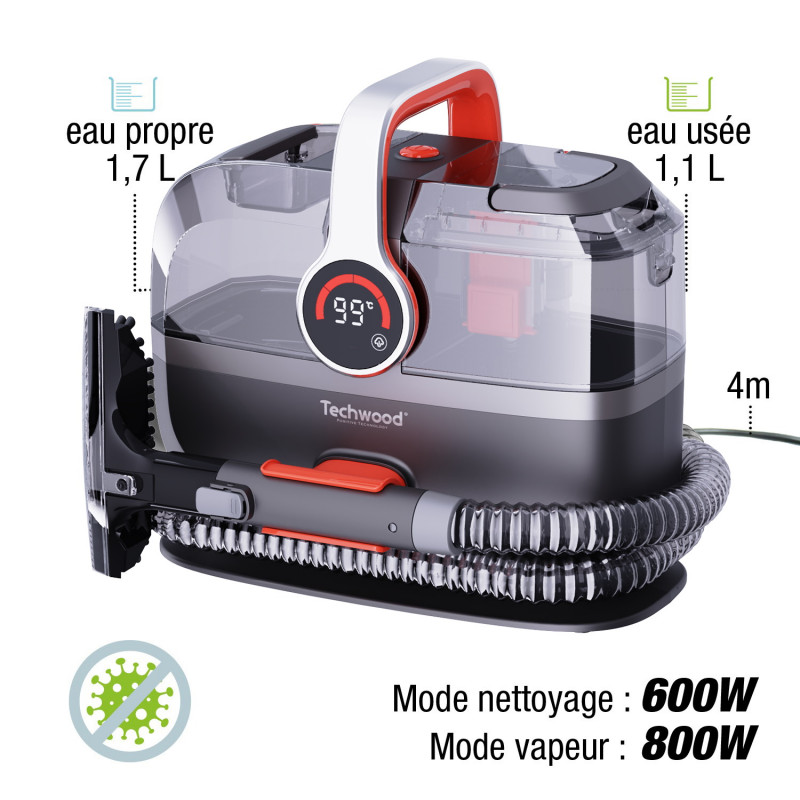 Мултифункционален почистващ уред с пара и вакуум Techwood TAN-7055V, 600/800W, Резервоар за чиста и отпадъчна вода, 3 режима, Дигитален дисплей, Тъмносив/оранжев