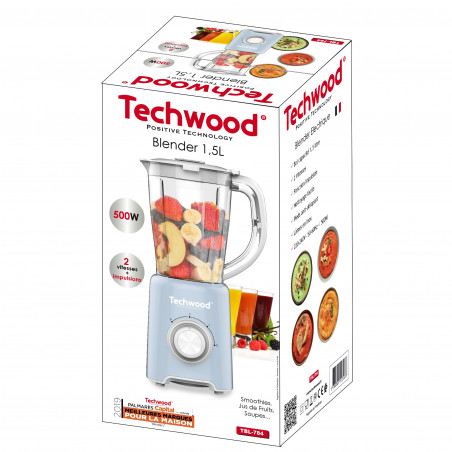 Блендер Techwood TBL-784, 500W, 1.5 л, 2 скорости + импулси, Стоманени ножове, Светлосин