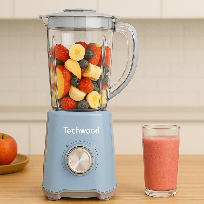 Блендер Techwood TBL-784, 500W, 1.5 л, 2 скорости + импулси, Стоманени ножове, Светлосин
