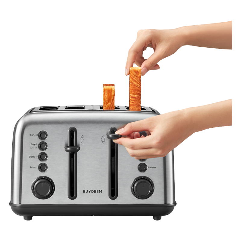 Тостер за хляб BUYDEEM DT640E, 1800W, 4 слота, 7 автоматични програми, 7 степени на препичане, LED индикатори, Тави за трохички, Високо изскачане, Инокс