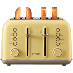 Тостер за хляб BUYDEEM DT640E, 1800W, 4 слота, 7 автоматични програми, 7 степени на препичане, LED индикатори, Тави за трохички, Високо изскачане, Жълт
