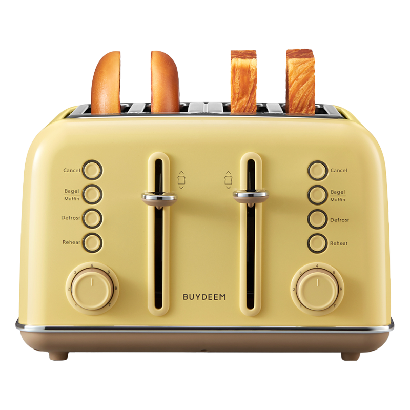 Тостер за хляб BUYDEEM DT640E, 1800W, 4 слота, 7 автоматични програми, 7 степени на препичане, LED индикатори, Тави за трохички, Високо изскачане, Жълт