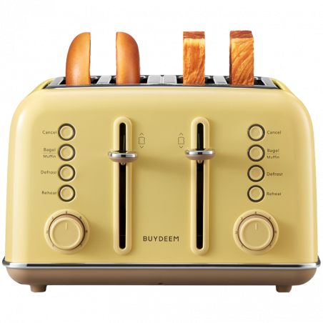 Тостер за хляб BUYDEEM DT640E, 1800W, 4 слота, 7 автоматични програми, 7 степени на препичане, LED индикатори, Тави за трохички, Високо изскачане, Жълт