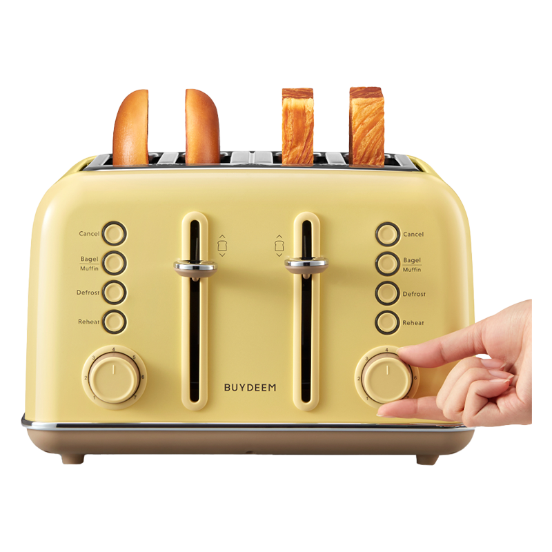 Тостер за хляб BUYDEEM DT640E, 1800W, 4 слота, 7 автоматични програми, 7 степени на препичане, LED индикатори, Тави за трохички, Високо изскачане, Жълт