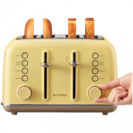 Тостер за хляб BUYDEEM DT640E, 1800W, 4 слота, 7 автоматични програми, 7 степени на препичане, LED индикатори, Тави за трохички, Високо изскачане, Жълт