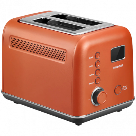 Тостер за хляб BUYDEEM DT730E, 900W, 2 слота, 9 автоматични програми, 9 степени на препичане, Иноксов корпус, LCD дисплей, LED индикатори, Самоцентриране, Таймер, Оранжев