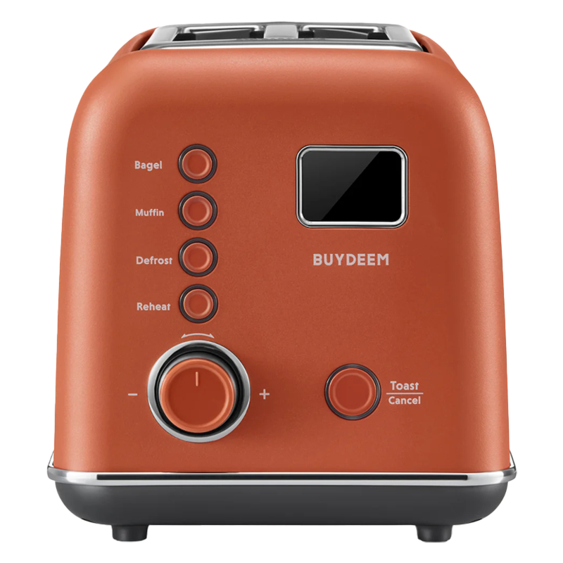 Тостер за хляб BUYDEEM DT730E, 900W, 2 слота, 9 автоматични програми, 9 степени на препичане, Иноксов корпус, LCD дисплей, LED индикатори, Самоцентриране, Таймер, Оранжев
