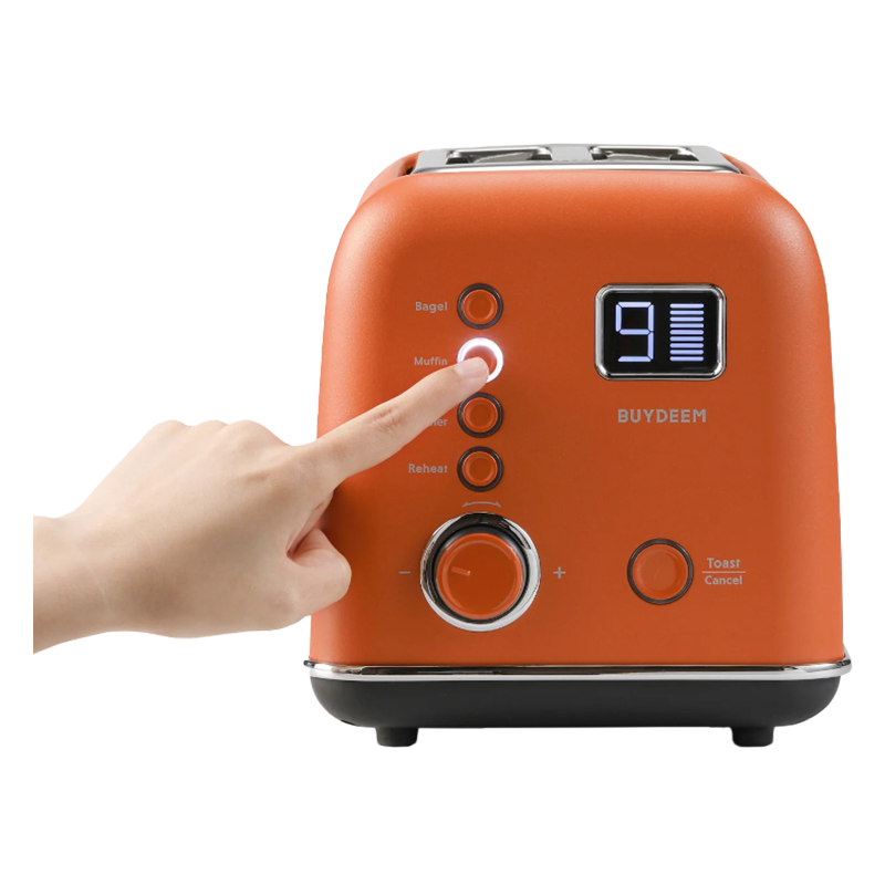 Тостер за хляб BUYDEEM DT730E, 900W, 2 слота, 9 автоматични програми, 9 степени на препичане, Иноксов корпус, LCD дисплей, LED индикатори, Самоцентриране, Таймер, Оранжев