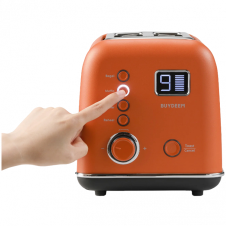 Тостер за хляб BUYDEEM DT730E, 900W, 2 слота, 9 автоматични програми, 9 степени на препичане, Иноксов корпус, LCD дисплей, LED индикатори, Самоцентриране, Таймер, Оранжев
