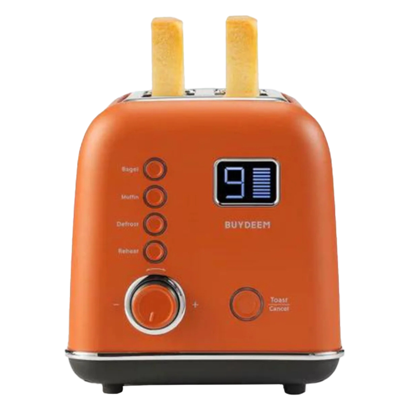 Тостер за хляб BUYDEEM DT730E, 900W, 2 слота, 9 автоматични програми, 9 степени на препичане, Иноксов корпус, LCD дисплей, LED индикатори, Самоцентриране, Таймер, Оранжев